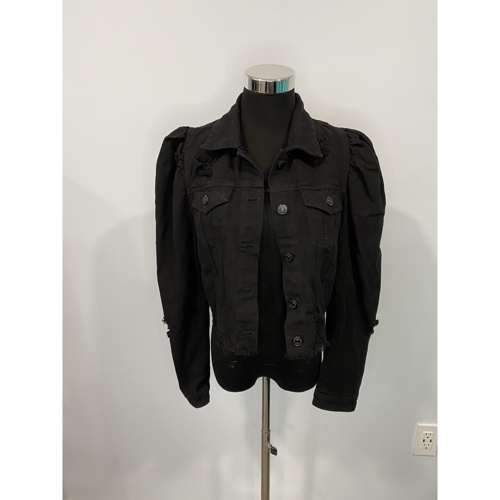 Large Black Jean Cropped Jacket Denim Blvd LA Button Up Distressed Y2K Retro